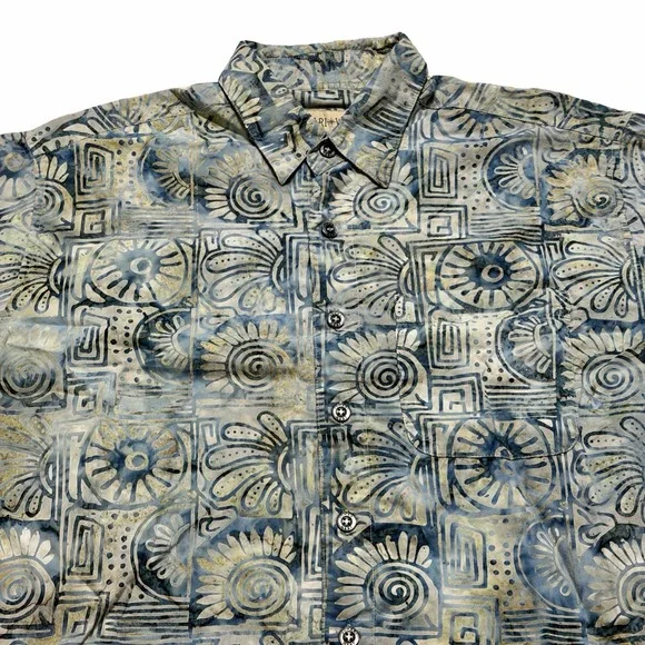 Johari West Batik Hawaiian Shirt Men's Large Blue 100% Cotton Short Sleeve Beach - Picture 3 of 8